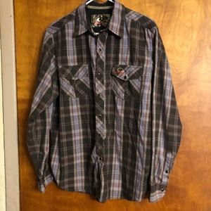 Mossy Oak Snap Front Shirt Men's Large Gray Blue Red Check Cotton Blend